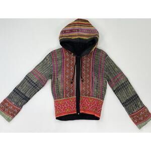 Handmade Thailand Woven Colorful Zip Fitted Jacket Hoodie Hippie Festival Small